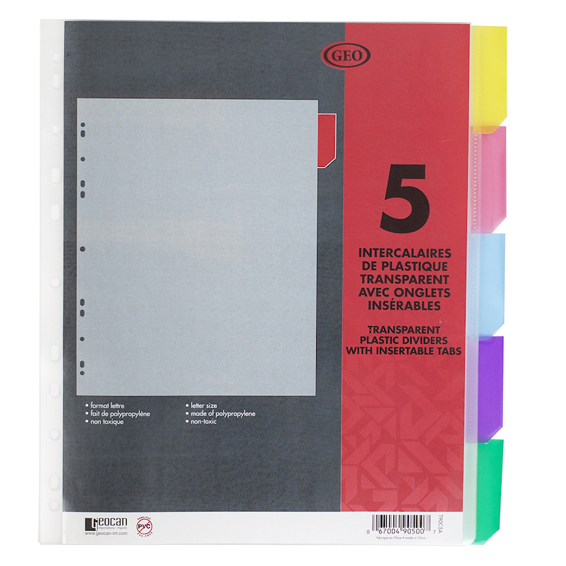 geocan 5 intercalaires plastiques transparent avec onglets de couleur