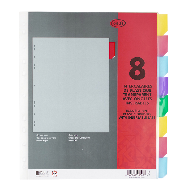 geocan 8 intercalaires plastiques transparent avec onglets de couleur